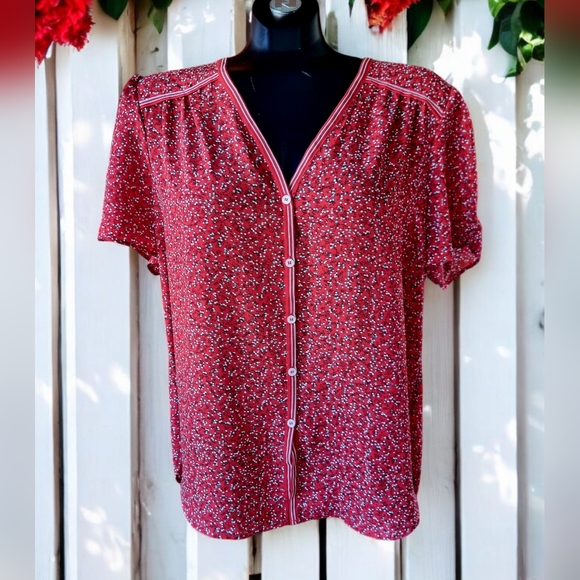 Max Studio Red White & Turquoise Button Down V Neck Flowy Blouse - Picture 2 of 10